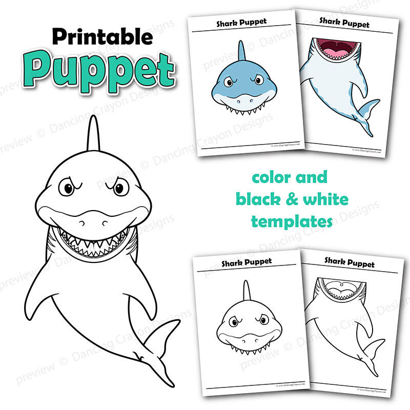 Printable shark paper bag puppets by Dancing Crayon Designs