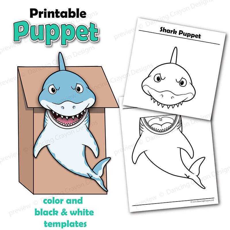 Printable shark puppet, paper bag puppet template